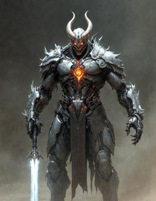 The primary subject of the image is a large, metallic demon figure with a sword in its hand. The demon is standing in front of a gray background, which adds to the overall mood of the scene. The visual style of the image is digital art, as it appears to be a well-crafted illustration or drawing. The dominant colors in the image are gray and black, which contribute to the demon's dark and ominous appearance.
